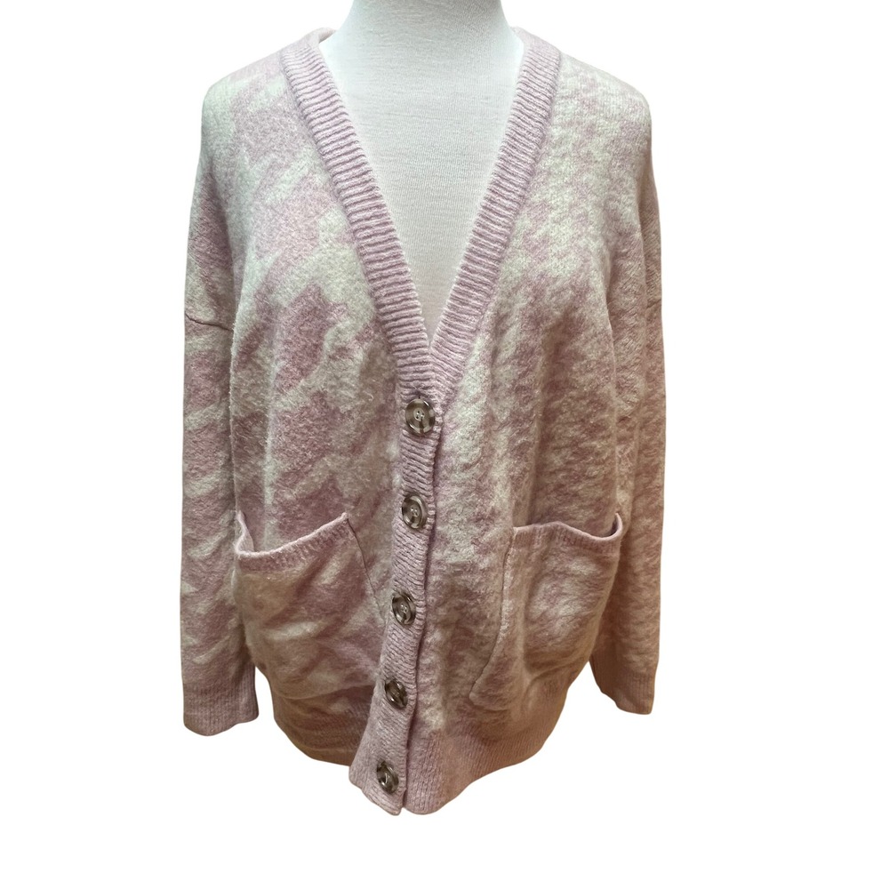 Lost + Wander Womens Cardigan Sweater M/L Pink Cream V-Neck Button Front Knit
